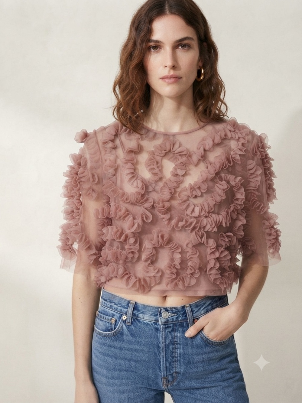 ZARA Dusty Rose Ruffle Mesh Sheer Crop Top Dainty Girly